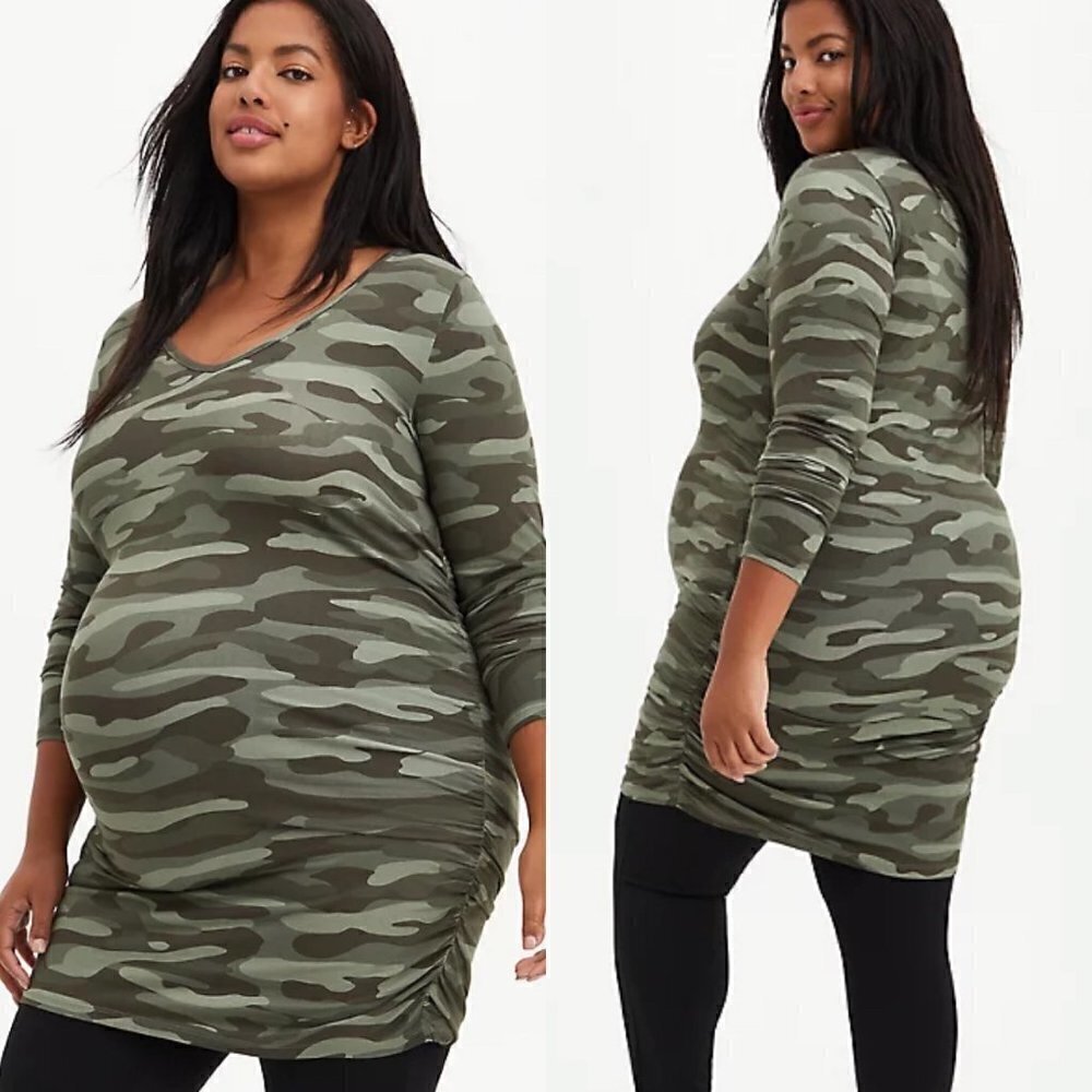 Torrid Women's Green Long Sleeve Maternity Super Soft Camo Tunic Tee Blouse 1X